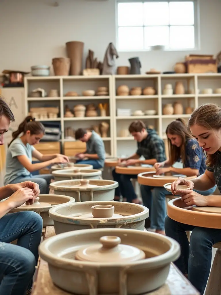 A photo of a pottery class in session, with participants molding clay on pottery wheels, guided by an instructor, highlighting the hands-on learning experience offered by LES CO'PEINTS D'ABORD.