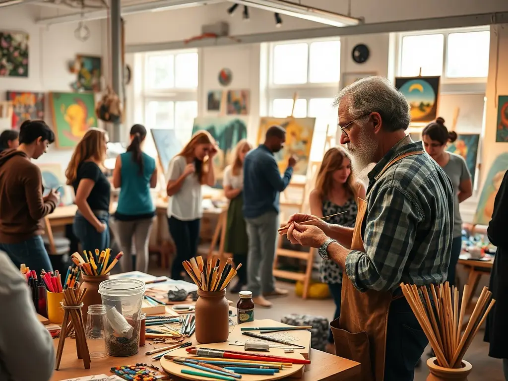 A dynamic image of participants engaged in an art workshop, learning new techniques and experimenting with different mediums under the guidance of an instructor.