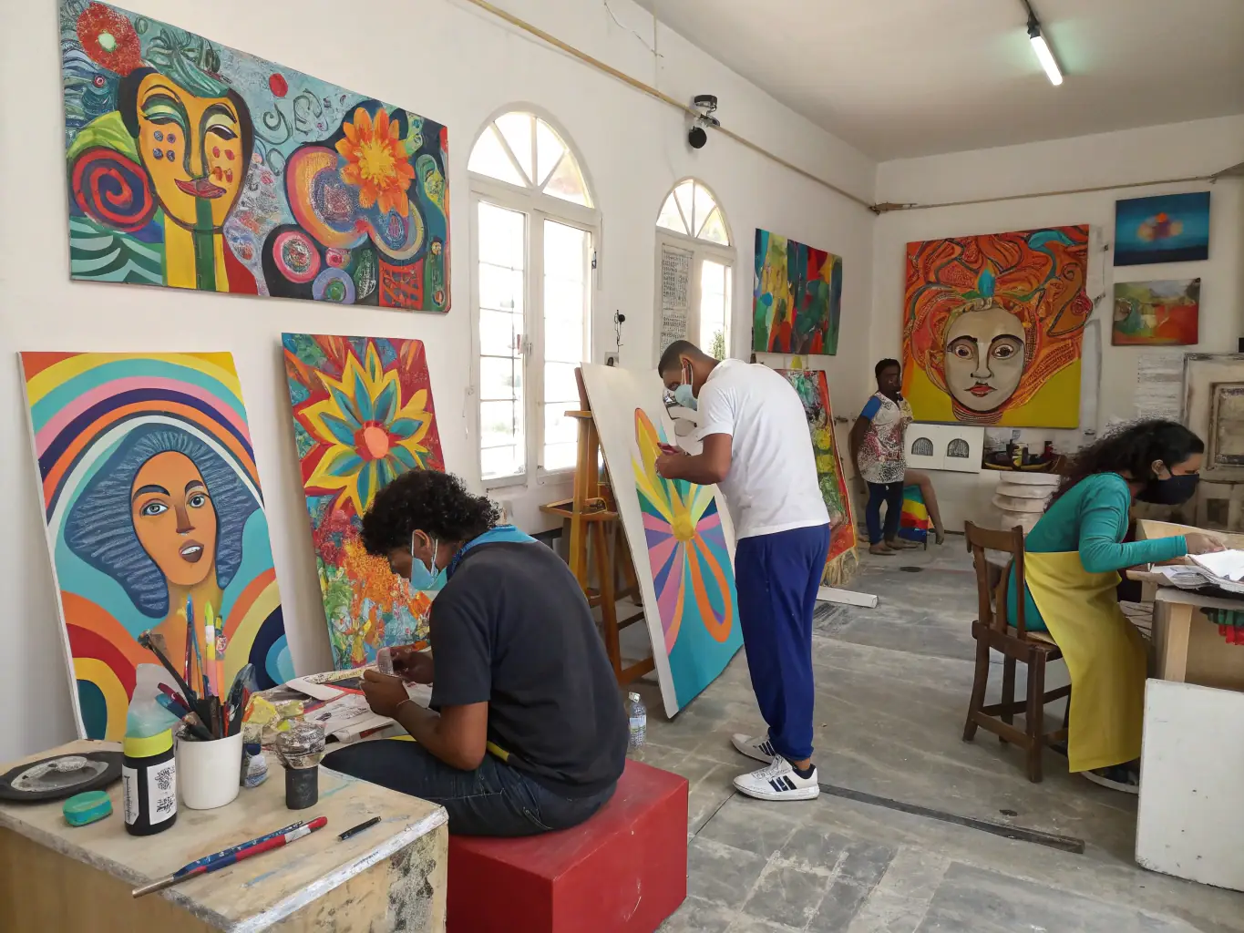 A vibrant art workshop in progress, with participants of various ages and backgrounds engaged in painting and drawing, showcasing the inclusive and collaborative environment of LES CO'PEINTS D'ABORD.