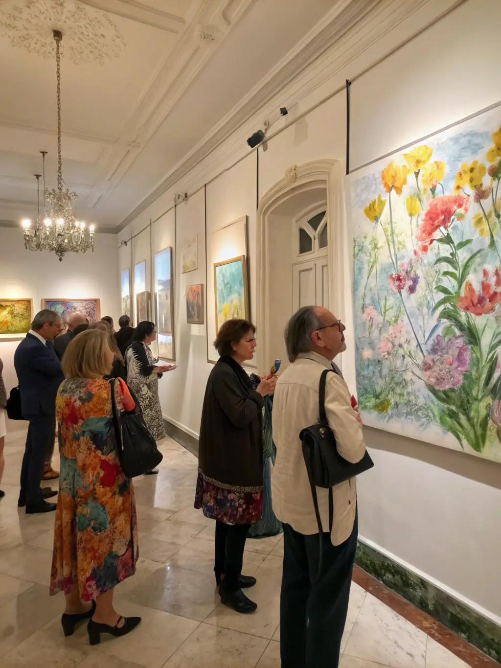 A photograph capturing the opening night of an art exhibition hosted by LES CO'PEINTS D'ABORD, featuring artists and community members admiring the displayed artworks, with soft lighting and a celebratory atmosphere.