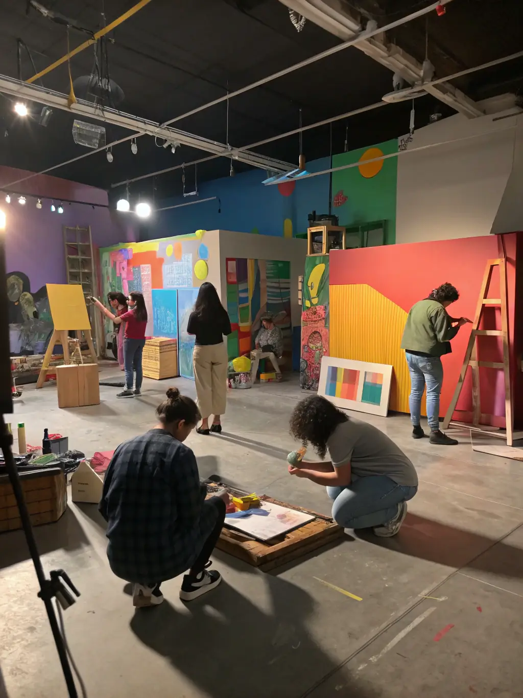 A vibrant photograph capturing the energy of a recent art workshop at LES CO'PEINTS D'ABORD, with participants actively engaged in painting and creative discussions.