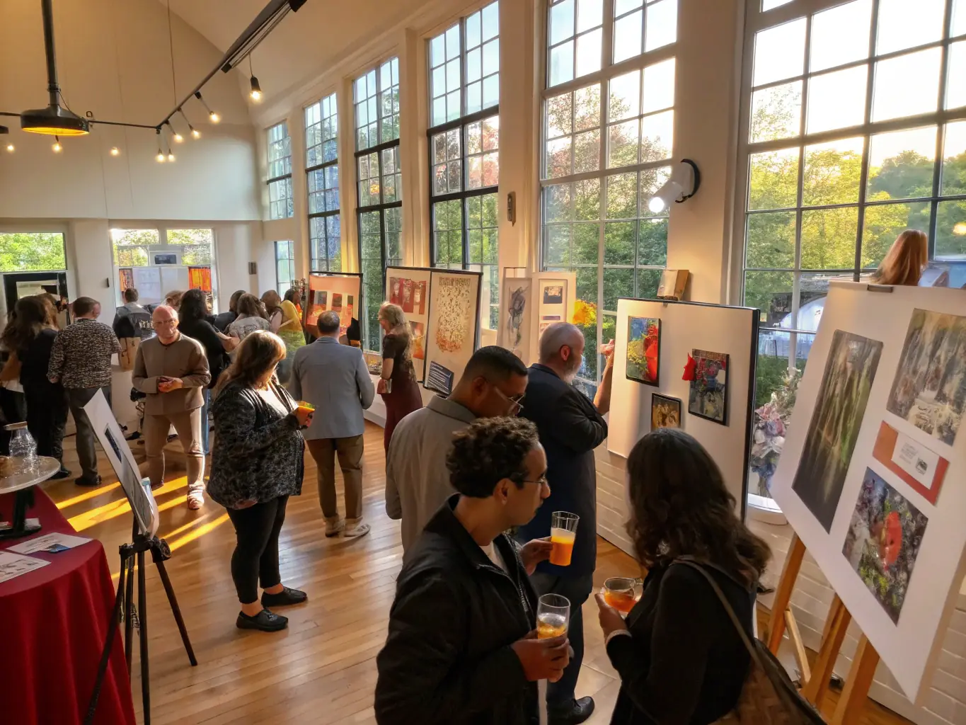 A photograph of an art exhibition opening night, featuring displayed artworks and attendees engaging in conversation, capturing the essence of LES CO'PEINTS D'ABORD's showcases.