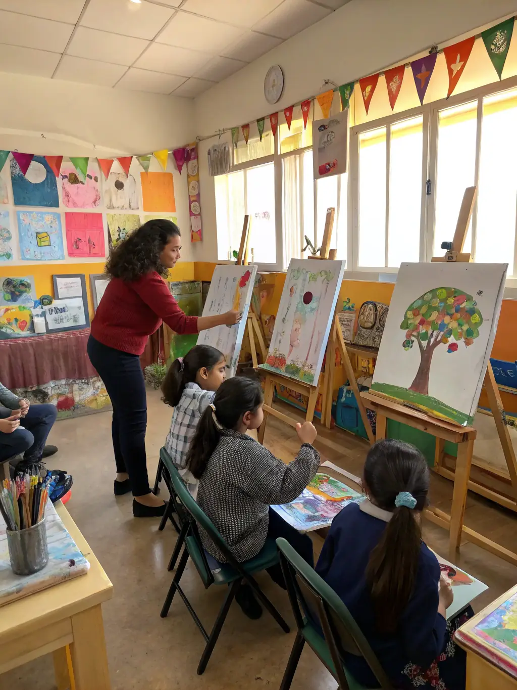 A vibrant image of participants engaged in a painting workshop, showcasing diverse age groups and skill levels, with easels and colorful artworks filling the space, reflecting the inclusive and educational environment of LES CO'PEINTS D'ABORD.