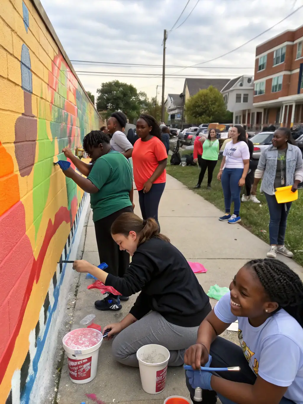 A dynamic image of artists collaborating on a community mural project, with vibrant colors and diverse artistic styles blending together, reflecting the collective's commitment to community engagement and artistic expression.