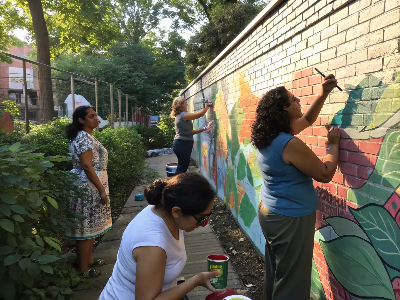 A group of artists working together on a community mural, demonstrating the collaborative spirit and community engagement fostered by LES CO'PEINTS D'ABORD.